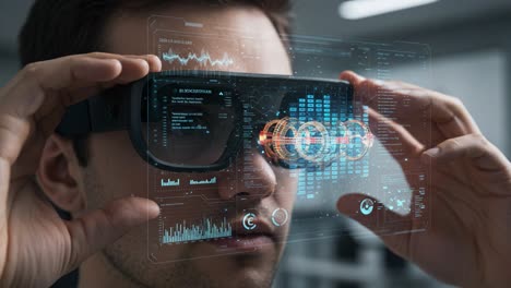 exploring advanced augmented reality technologies through innovative smart glasses, showcasing data visualization and user interaction in a modern environment