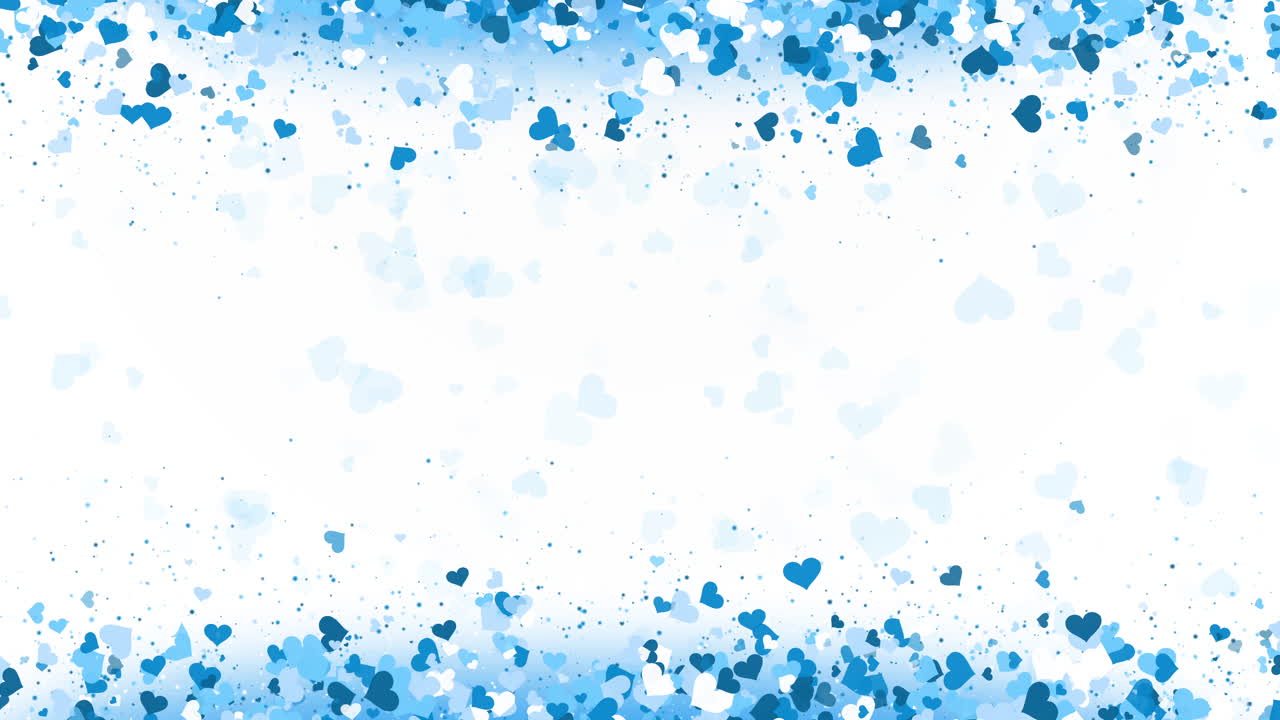 Blue horizontal rectangular animated romantic frame of flying hearts on white background with empty space for text. Love symbols with small particles.