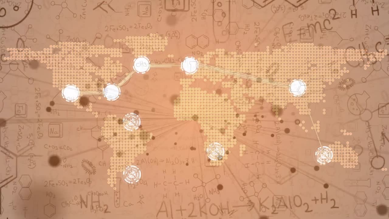 animación del mapa del mundo, la red de conexiones y las ecuaciones matemáticas sobre fondo naranja