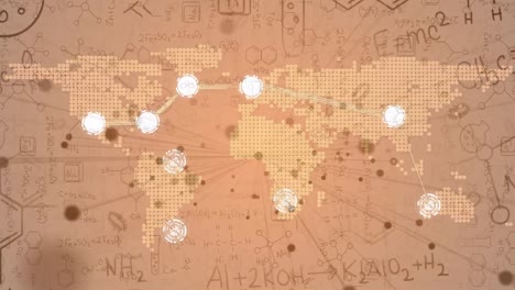 Animation-of-world-map,-network-of-connections-and-mathematical-equations-on-orange-background