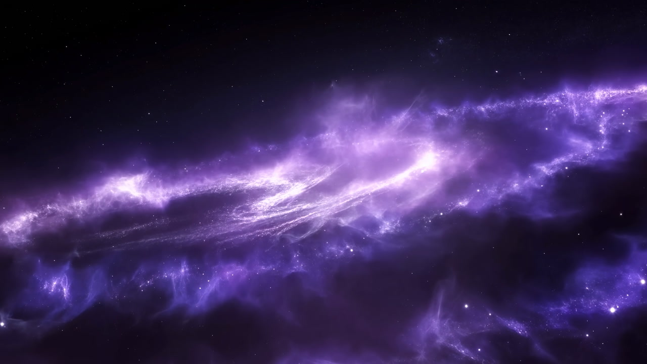Violet Cosmic Nebula Cloud Swirling Across Starfield, Gaseous Filaments And Glowing Dust Form Majestic Streaks