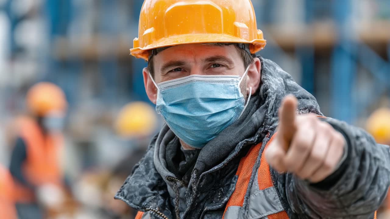 Construction Worker in Safety Gear Points at Camera While Wearing Orange Hard Hat and Face Mask on Job Site, Emphasizing Safety and Awareness in a Busy Environment