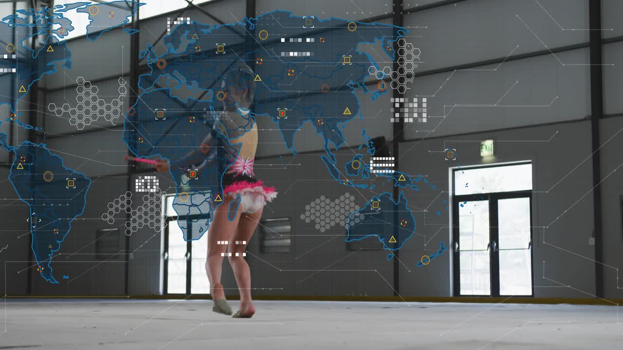 Child gymnast raising leg and showing tech map overlay, swinging ribbon highlighting connections