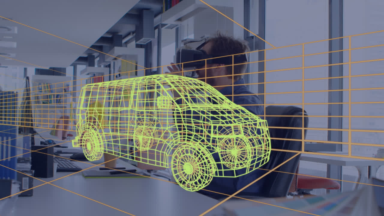 vr 헤드 ⁇ 을 사용하여 사람 위의 자동차의 디지털 3d 드로잉의 애니메이션