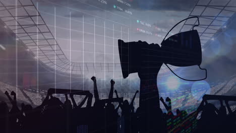 animation of data processing over cheering fans holding cup at sports stadium