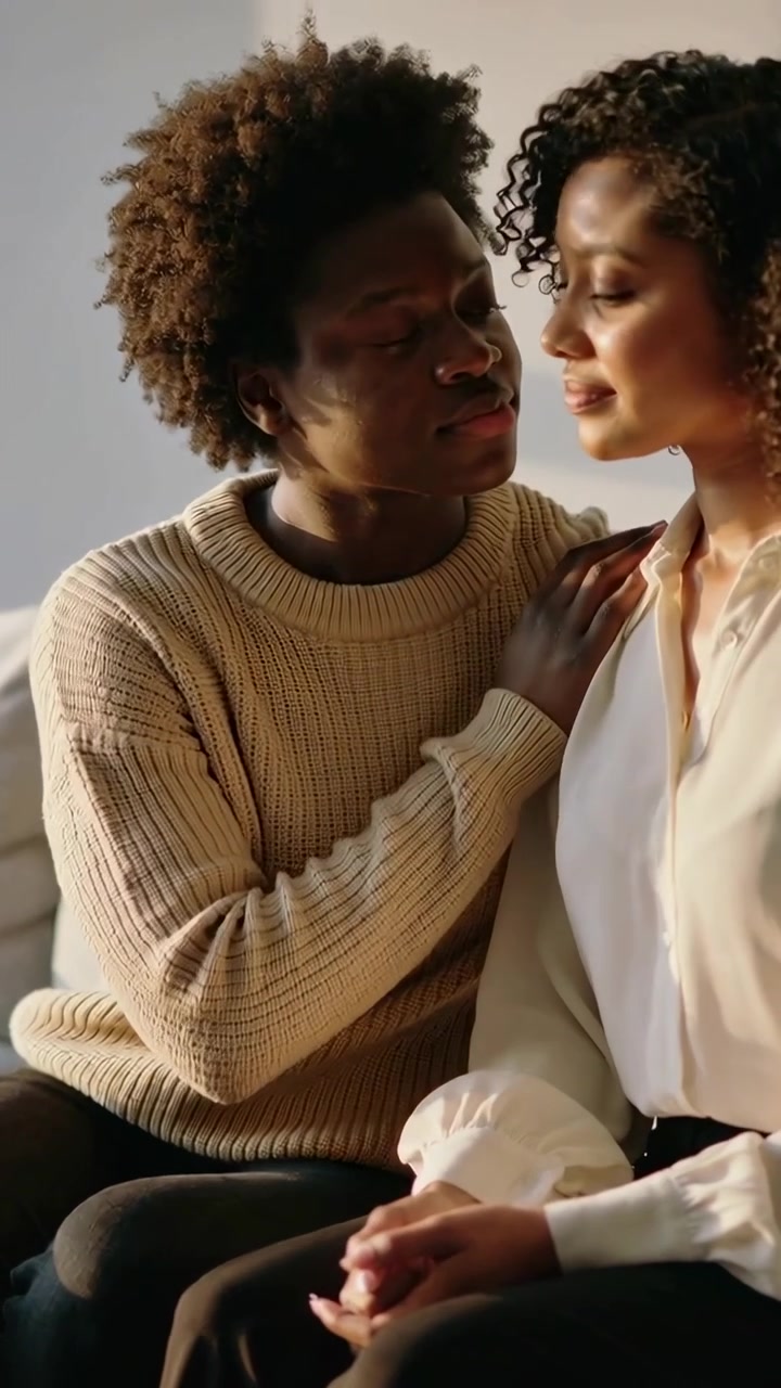 Vertical video: Making eye contact, man in sweater placing hand on woman's arm on couch, comforting