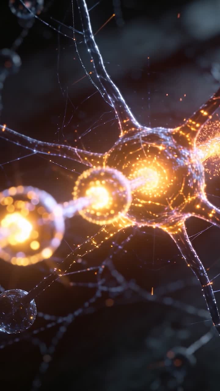 Vertical video: Pulsing glowing neural node chain moving along axon to center node, emitting sparks
