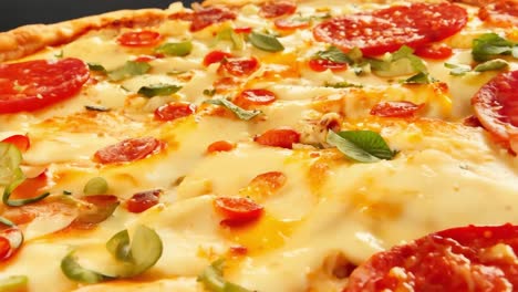 close-up of a delicious pepperoni pizza with cheese, tomatoes, and basil