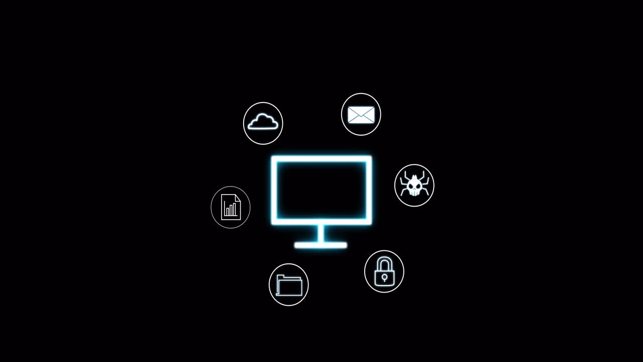 pantalla de computadora rodeada de iconos que representan la nube, el correo electrónico, la seguridad y la animación de datos