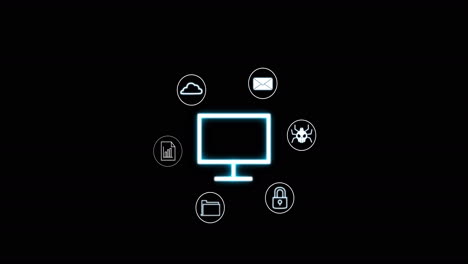 pantalla de computadora rodeada de iconos que representan la nube, el correo electrónico, la seguridad y la animación de datos