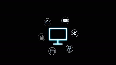 computer screen surrounded by icons representing cloud, email, security, and data animation