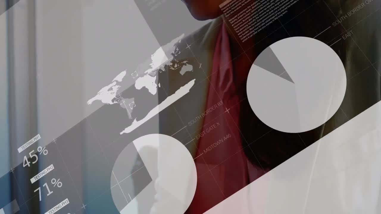 Animation of financial data processing over biracial businesswoman in office