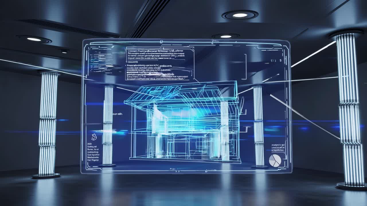Futuristic video concept of a holographic house blueprint in a sleek, modern room