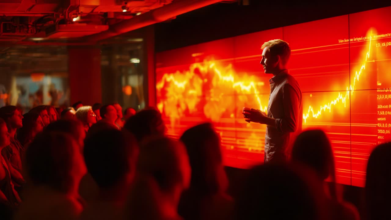 Engaging Presentation on Financial Trends: A Speaker Illuminates Key Data Insights Through Dynamic Charts and Captivates an Enthusiastic Audience in a Vibrant Setting