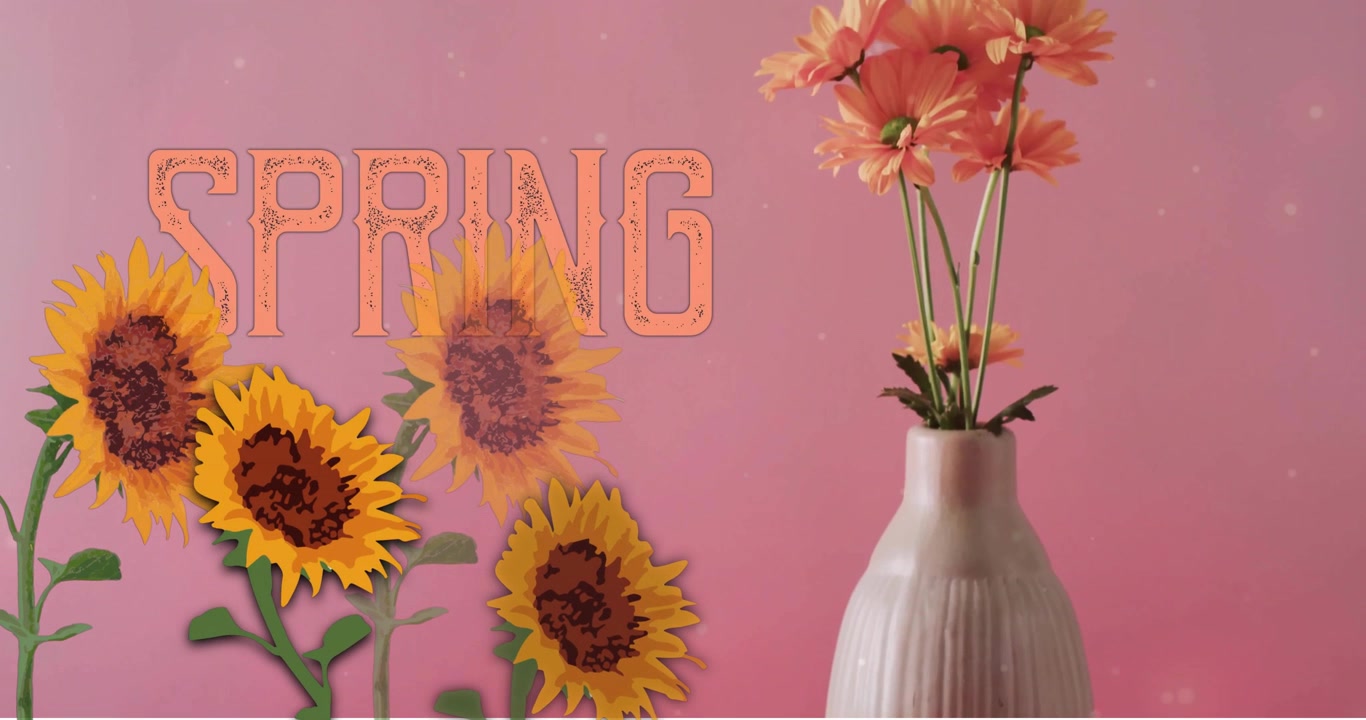 SPRING typography sliding in, vase and bouquet growing taller and opening blossoms for spring promo