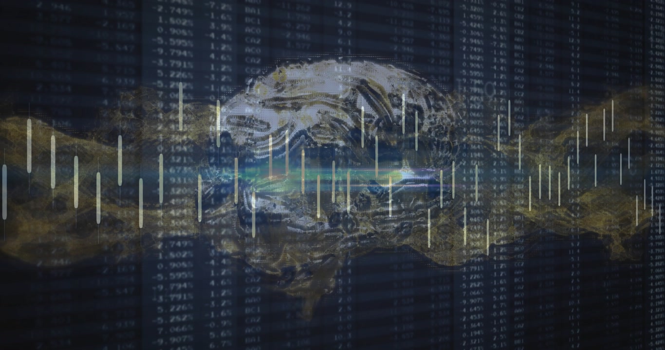 Scrolling data columns initiating white bars flickering across translucent 3D brain in golden mist
