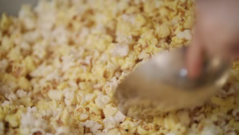 mano humana vertiendo palomitas de maíz listas de la máquina de palomitas de maíz por cuchara