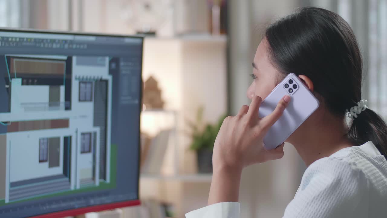 Close Up Of Asian Woman Engineer Talking On Smartphone While Designing House On A Desktop At Home. Cyber Games House Design And Decoration