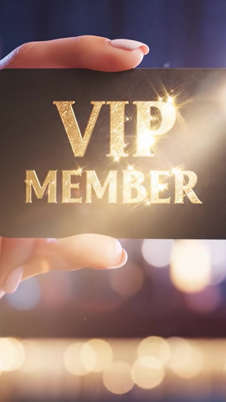 Vue rapprochée d'une carte de membre VIP luxueuse, scintillante d'or avec des lettres étincelantes, mettant en valeur l'exclusivité et le statut dans un cadre glamour.