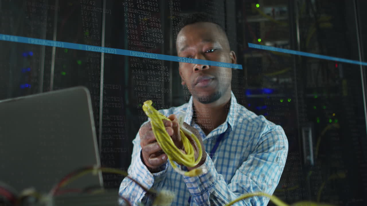 Animation of data processing over african american male it engineer and computer servers