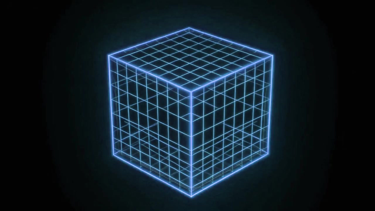 Roterende neonblå wireframe-terning på sort baggrund