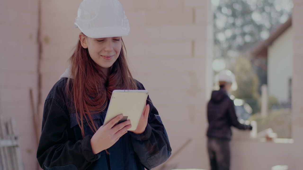 Smiling young female brunette architect wearing white hardhat using digital tablet while standing at construction site