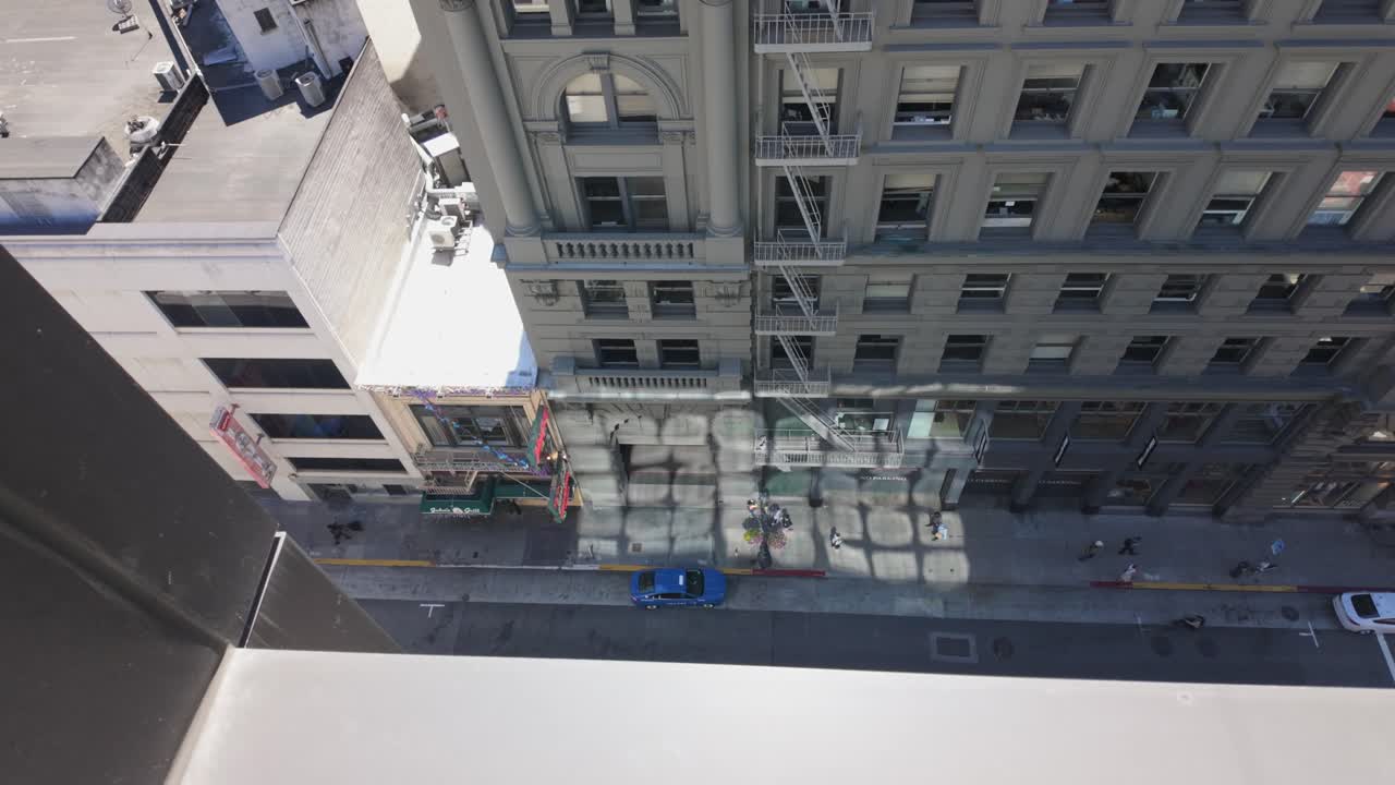 Bird's Eye panning view of the streets of downtown San Francisco from a rooftop