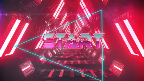 start text animation over neon lights and geometric shapes background