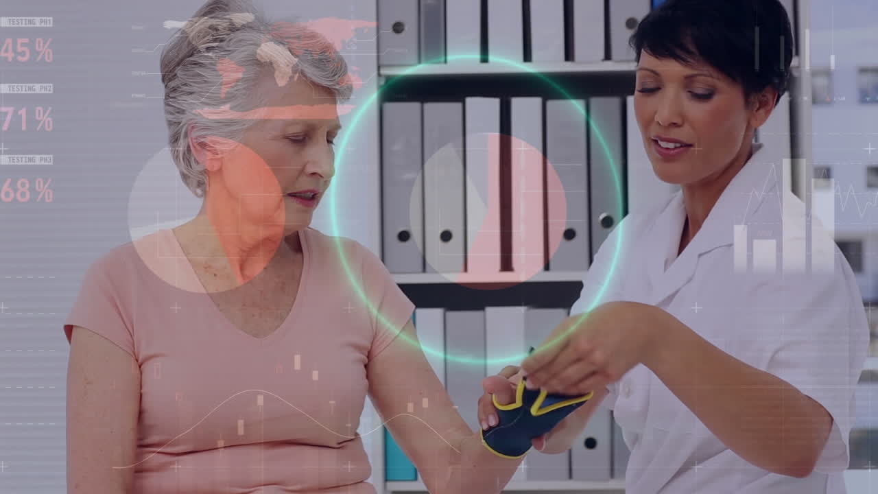 Neon animation shows tech in healthcare with a doctor examining a patient's hand.