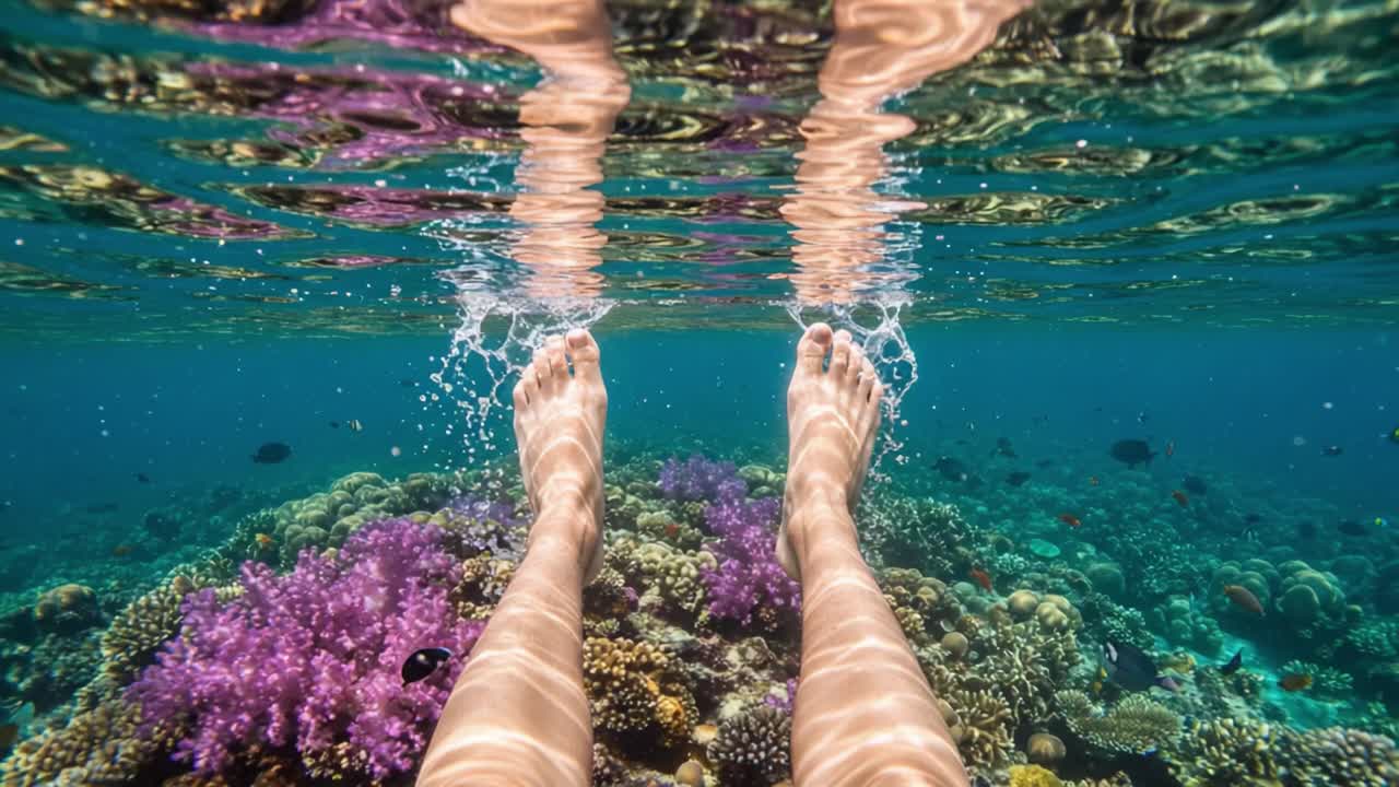 Deslizando por Águas Cristalinas: Uma Experiência Subaquática Serena com Corais Coloridos e Reflexos Sob a Superfície, Capturando a Beleza da Vida Marinha