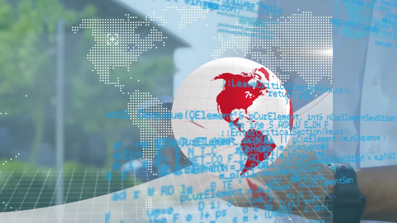 스마트 폰을 사용하는 혼합 인종 남성의 데이터 처리 및 전 세계 애니메이션