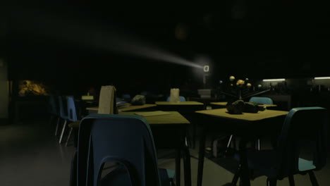 entorno de aula misterioso con iluminación tenue y un proyector por la noche