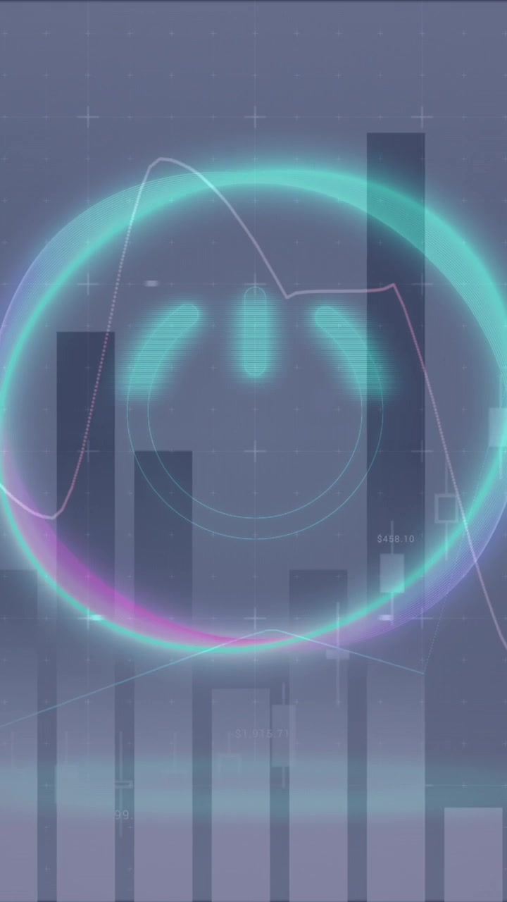 Animation of circle with power button over digital screen with financial graphs