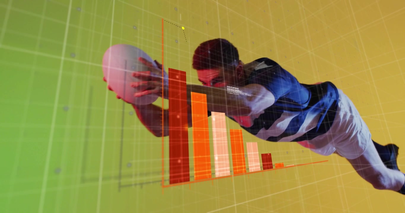 Jugador de rugby entrando en la escena financiera mientras un gráfico se estabiliza, sumergiéndose a través de barras 3D y una línea de tendencia.
