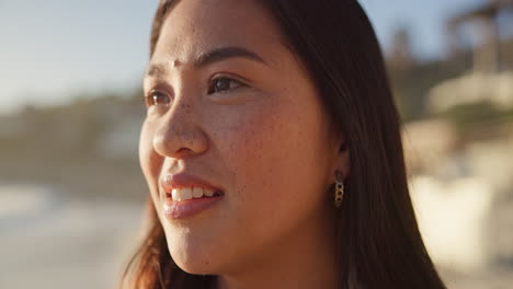 thinking, calm and face of woman at beach