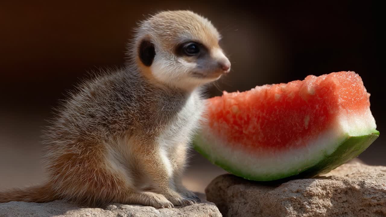 Curious Meerkat Enjoys Watermelon Snack by a Rock, Capturing a Moment of Playful Delight in Nature's Beautiful Serenity