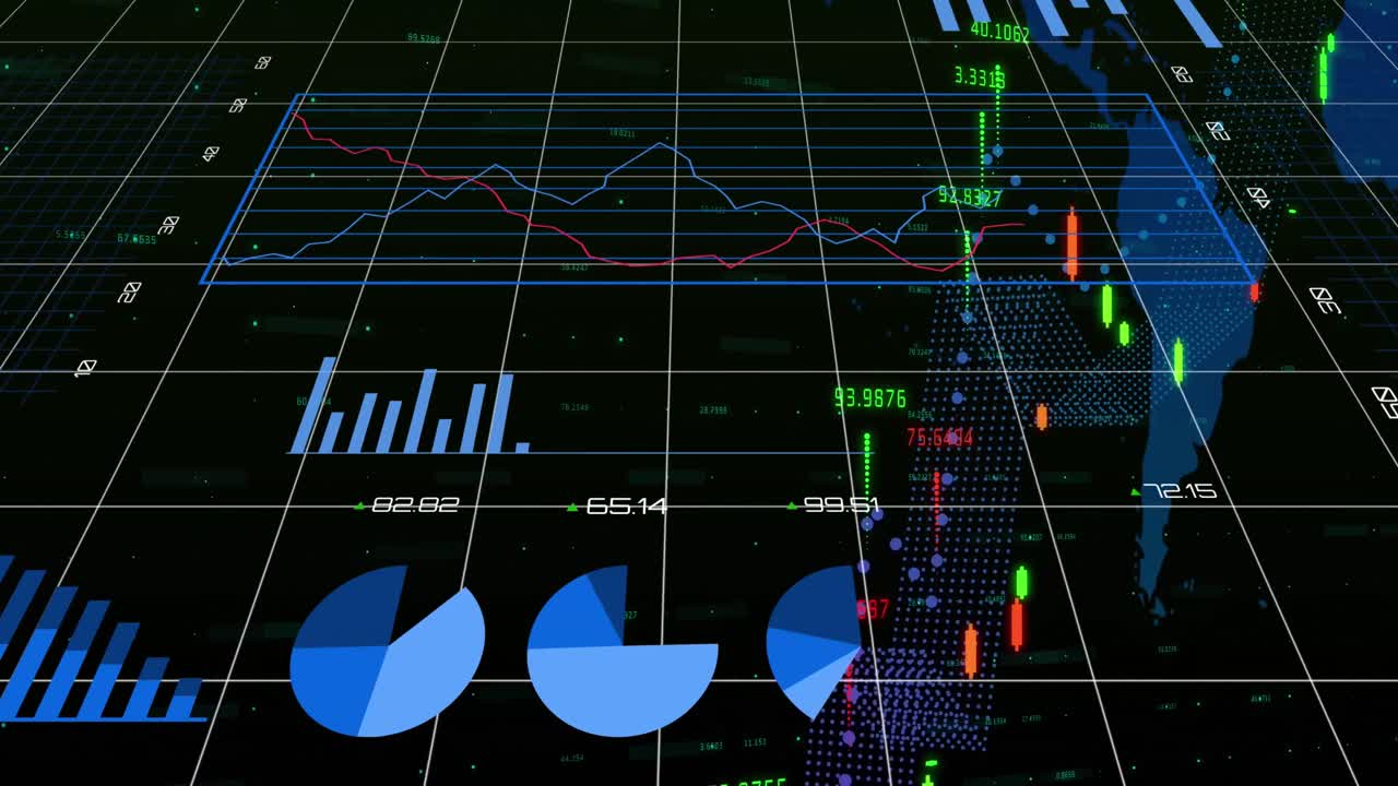 Animation of financial and statistical data processing over world map against black background