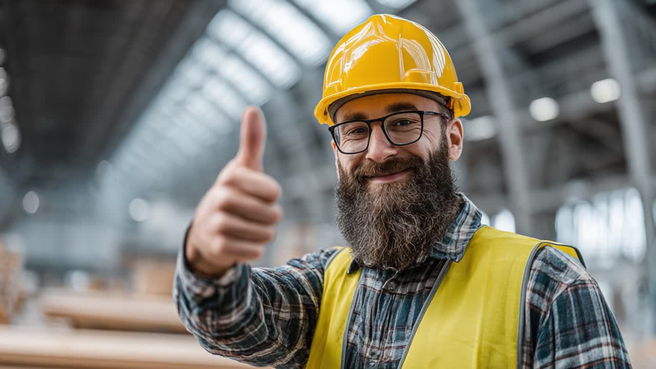 Confidence and Safety in Construction: A Smiling Worker with a Yellow Hard Hat and Safety Vest Gives a Thumbs Up in a Brightly Lit Industrial Environment