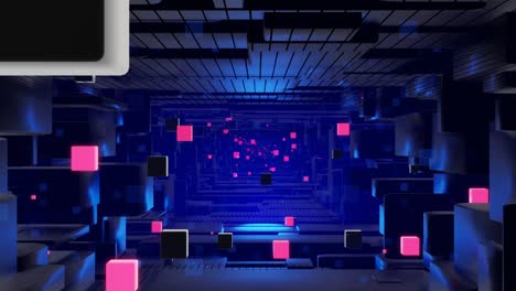túnel con luz de neón. ciencia ficción bg volar a través del espacio digital tecnológico. concepto de flujo de información de alta tecnología, blockchain. diseño de movimiento bg en bucle 3d, cubos y marcos, construcciones. bg dinámico oscuro