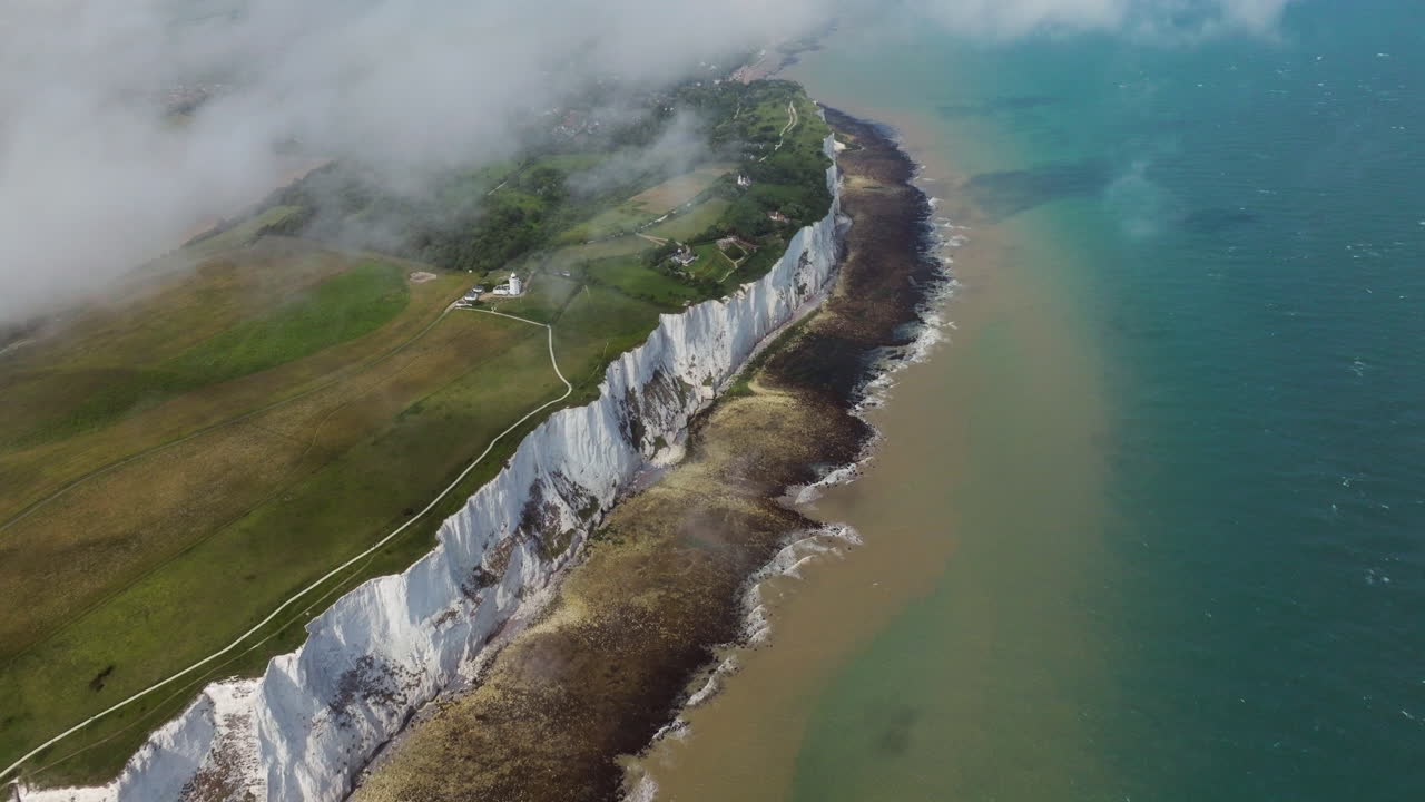 Aerial View Of White Cliffs of Dover Facing The Strait of Dover In Kent, England, UK