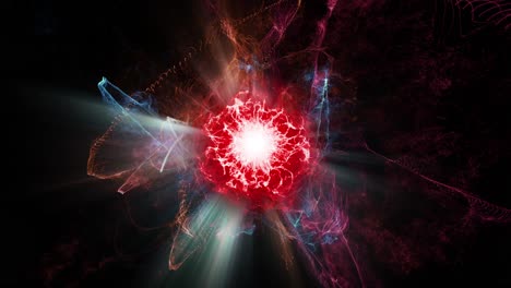las partículas atómicas chocan y una bola de plasma brillante estalla con energía