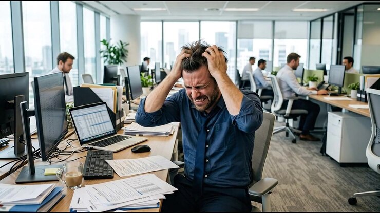 Stressed office worker facepalm gesture sitting at desk