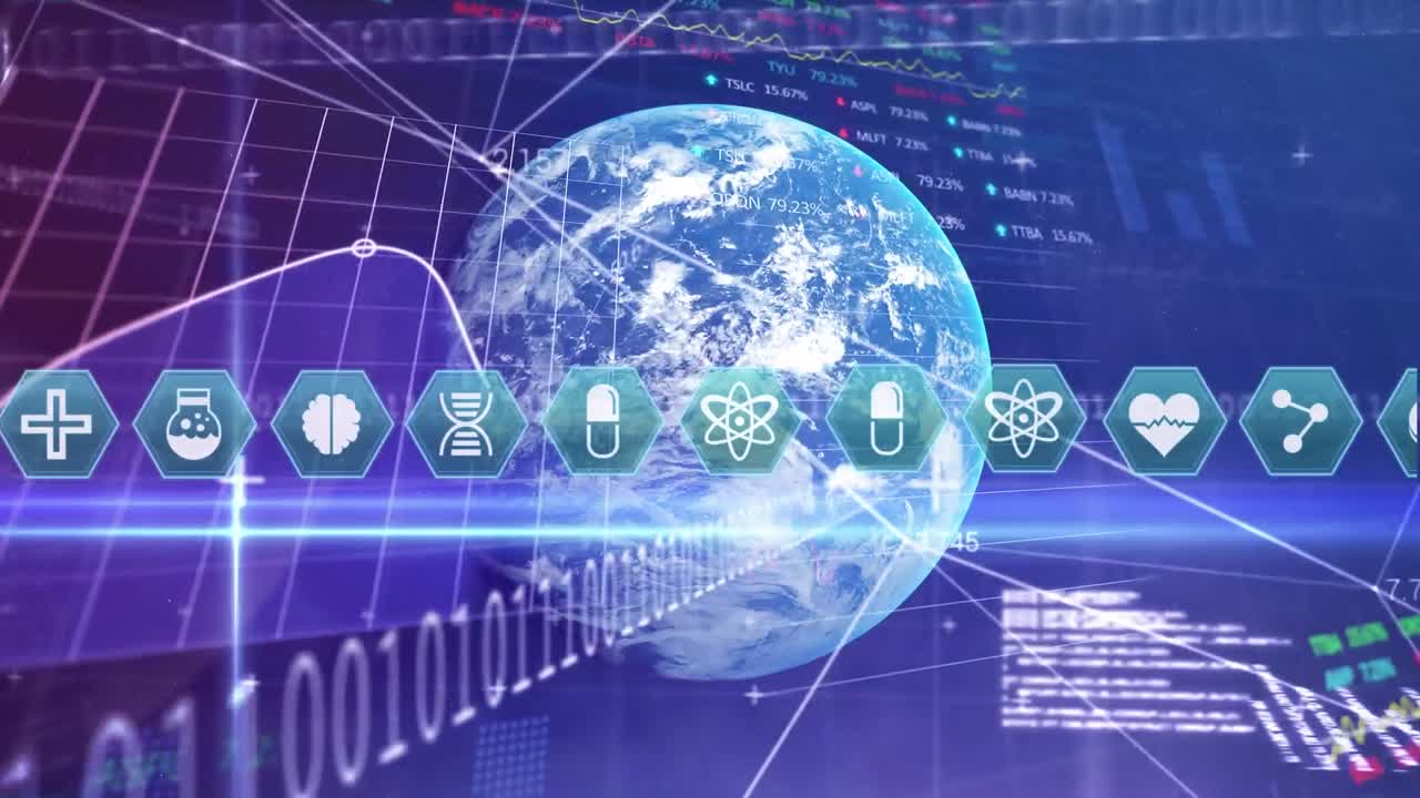 전 세계에 걸쳐 의료 아이콘의 애니메이션, 데이터 기록, 통계 표시.