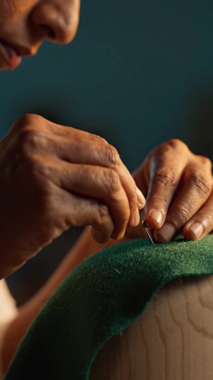 Artigianato in primo piano: un artigiano attacca abilmente del tessuto verde a una superficie di legno con precisione e cura, mostrando l'arte della lavorazione tessile e l'attenzione ai dettagli.