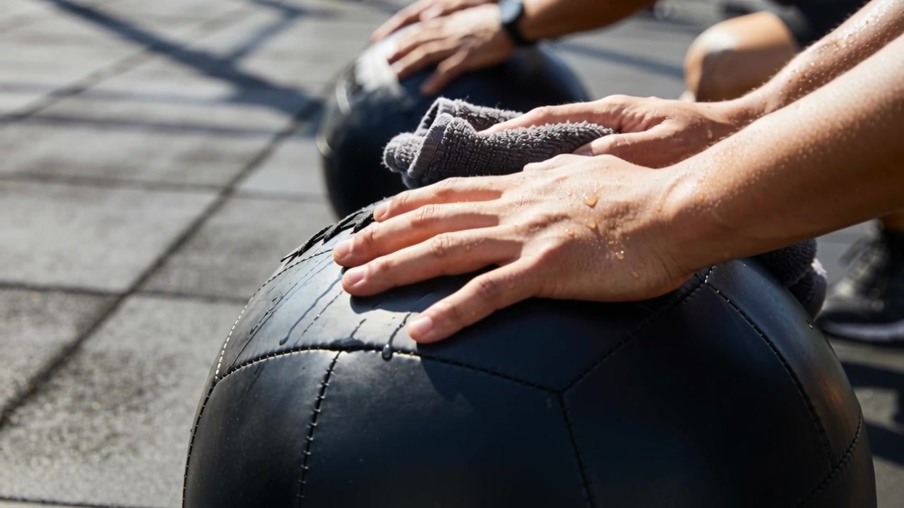 Prepping workout, partner hands wiping sweat with towel, adjusting grip on med ball on rubber tiles