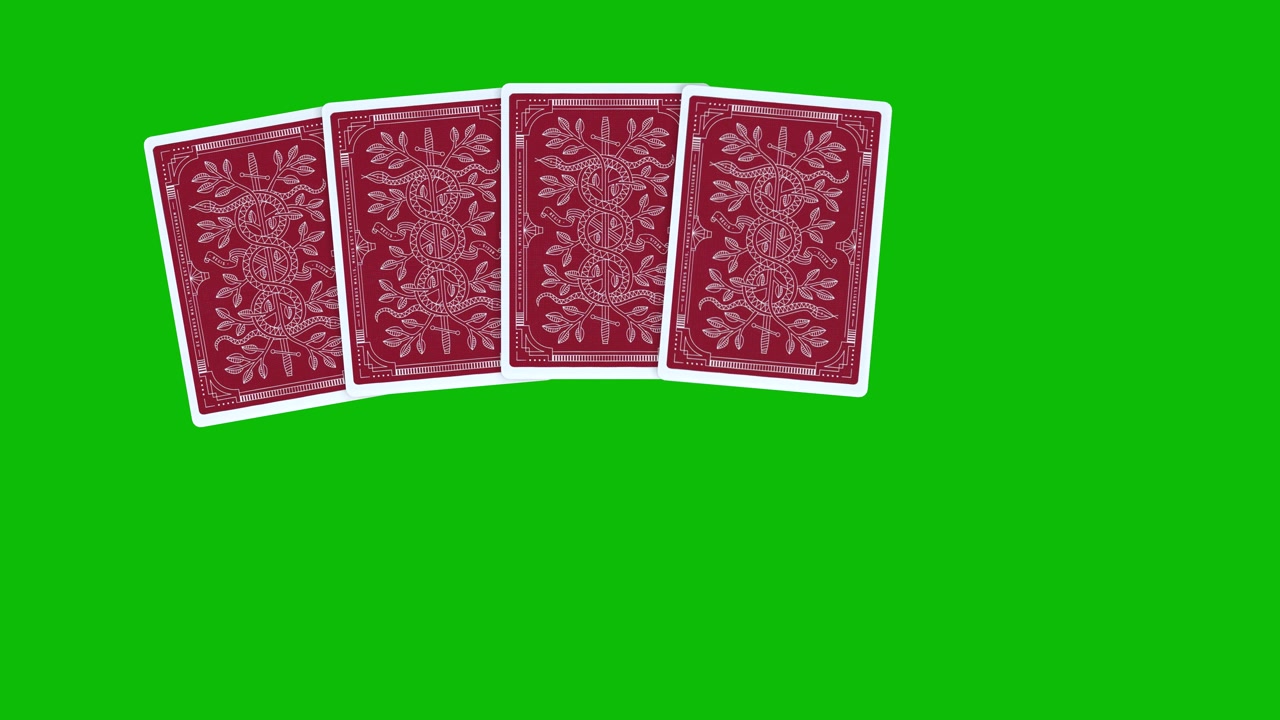 Una mano di poker con il dorso rosso, con carte lanciate una per una su animazione 3D su schermo verde, carte da poker animate, animazione di distribuzione di carte da poker