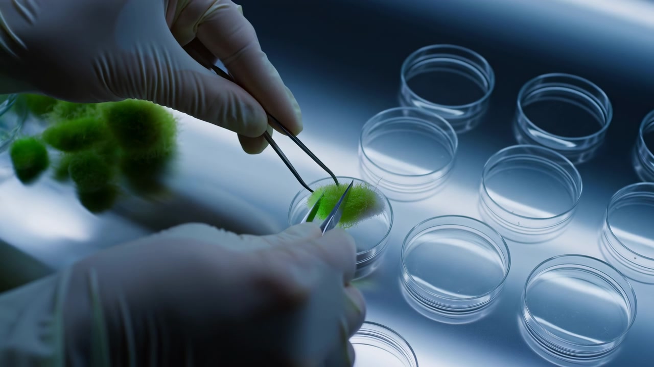 Scena di laboratorio ravvicinata di mani guantate che usano pinzette metalliche per trasferire un campione fibroso verde brillante in una capsula di Petri trasparente su un vassoio riflettente in acciaio inossidabile sotto una fredda luce blu, con laboratorio