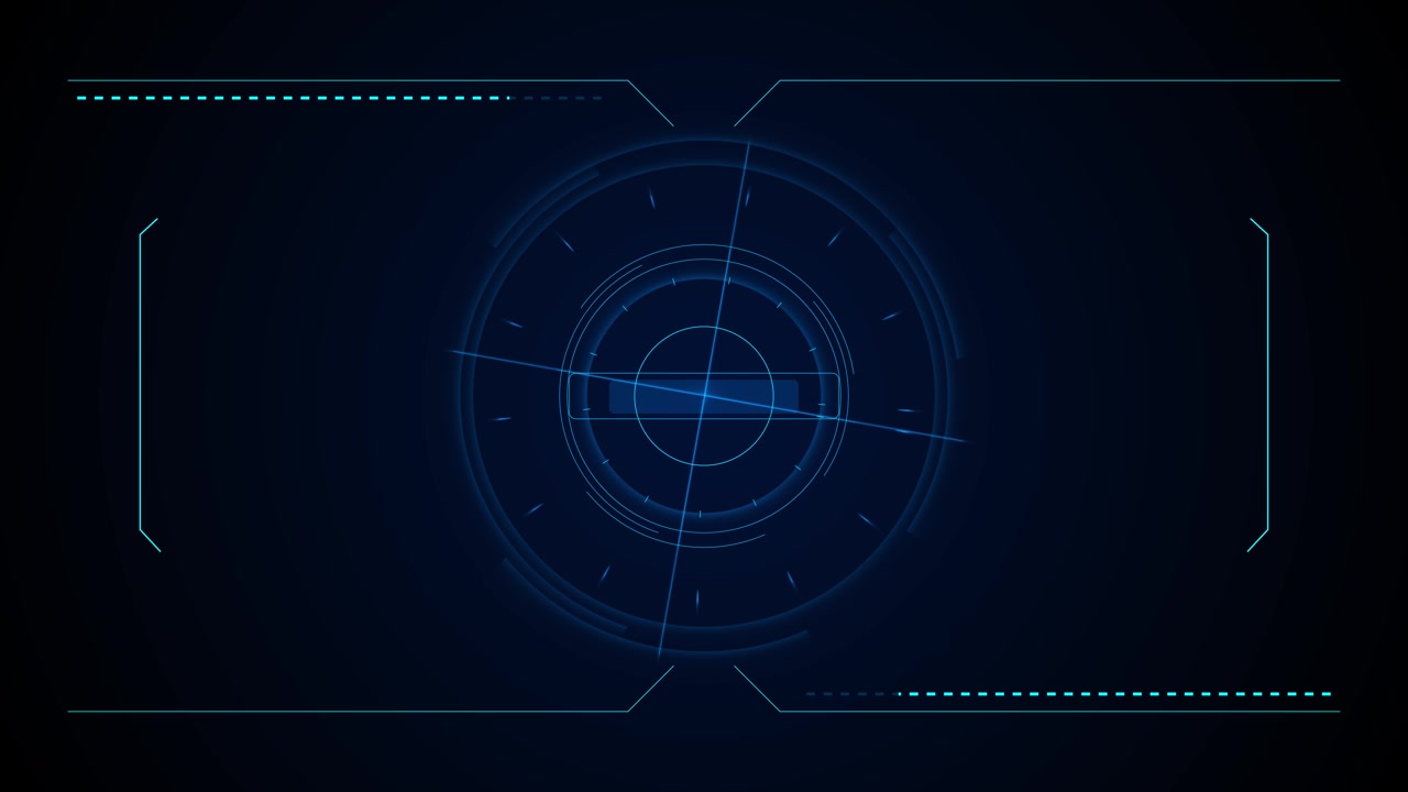 Sfondo circolare dell'interfaccia HUD blu con anelli luminosi, parentesi ciano e controllo futuristico scuro.
