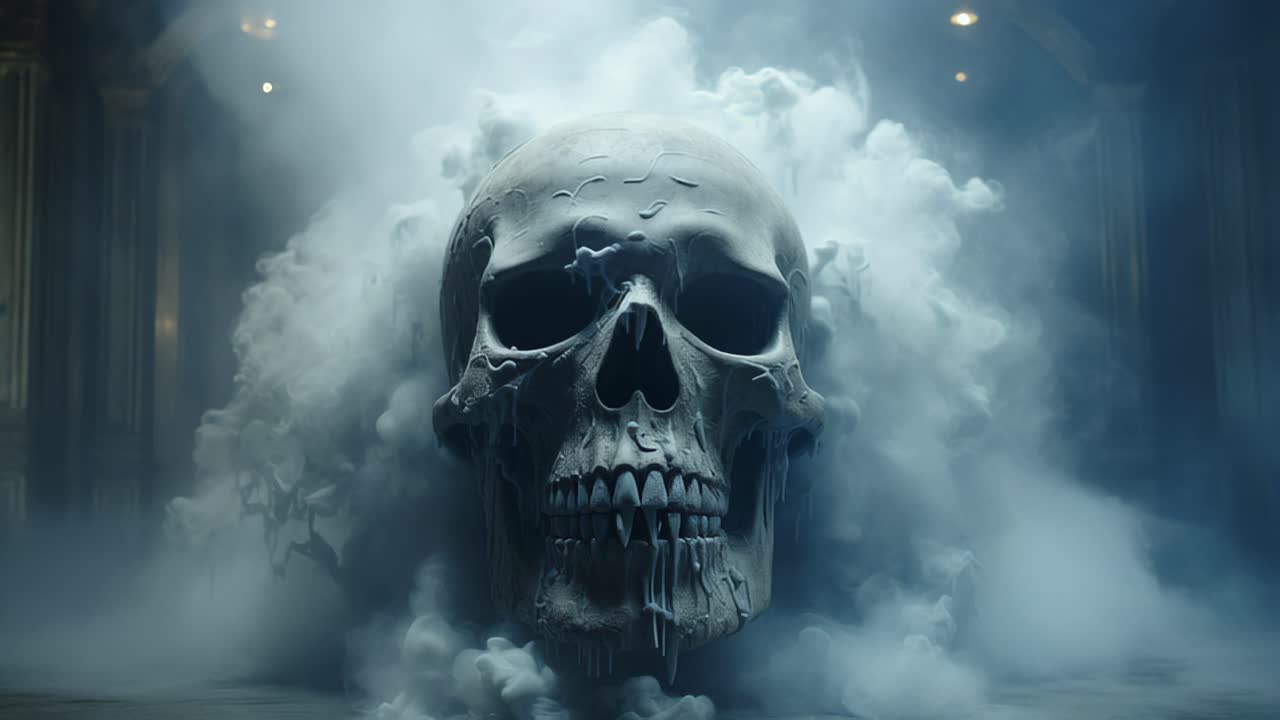 Bone skull with smoking forehead hole in black and white