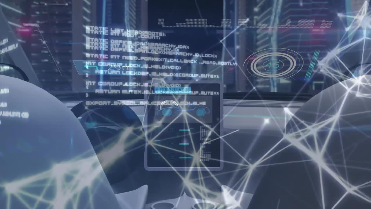 animación de redes de conexiones y procesamiento de datos a través del tablero de instrumentos del coche con tableta digital